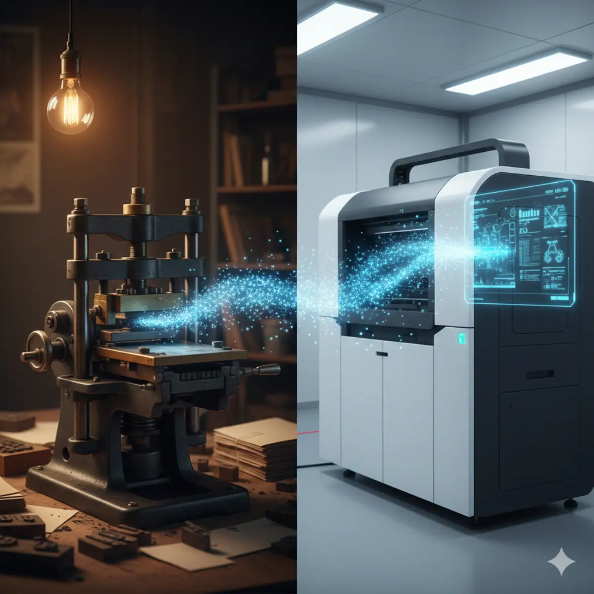 Uma imagem dividida mostrando uma prensa de impressão antiga de um lado e uma impressora digital moderna com uma interface digital brilhante do outro