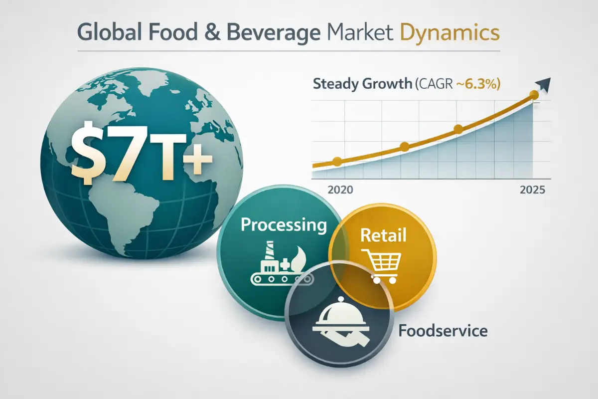 Infográfico mostrando o tamanho do mercado global de A&B, taxa de crescimento e contribuições dos principais setores