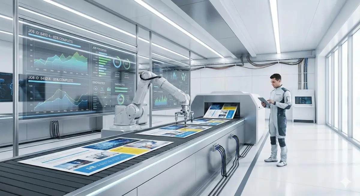 Uma instalação de impressão moderna e limpa com braços robóticos, painéis de controle digital e visualizações de dados fluindo no ar